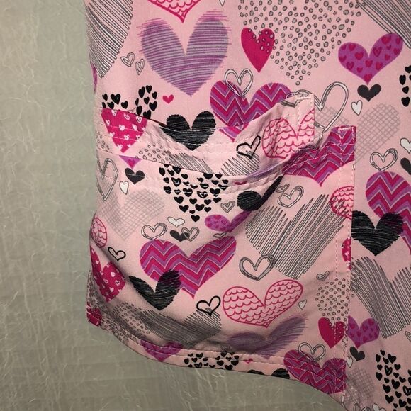 Happy Scrubs XS Heart Print Pink Black Scrub Top - Picture 6 of 14